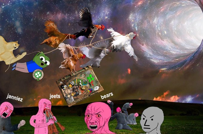 A surreal digital collage shows various cartoon and meme characters, including labeled figures 'janniez', 'jeets', and 'bears', flying through a space scene towards a swirling galaxy.