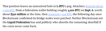 A text excerpt discusses a $30 million exploit where attackers drained funds from a federation wallet in L-BTC's peg and returned 3,900 BTC the following day.