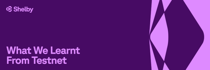 A purple banner from Shelby reads 'What We Learnt From Testnet' with a diamond-shaped graphic design.