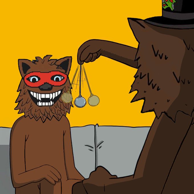 A digital cartoon illustration showing two brown furry animal characters; one wears a red mask and grins while the other, wearing a top hat, dangles a small trinket in front of it.
