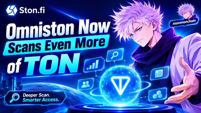 A promotional banner for Ston.fi featuring anime character Gojo Satoru from Jujutsu Kaisen, advertising 'Omniston Now Scans Even More of TON' with the tagline 'Deeper Scan. Smarter Access.'