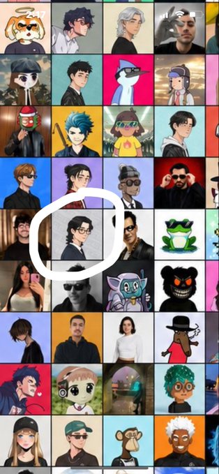 Grid of profile picture avatars featuring various illustrated characters and stylized photos, with one specific profile circled in white showing a side-profile illustrated character with glasses and dark hair.