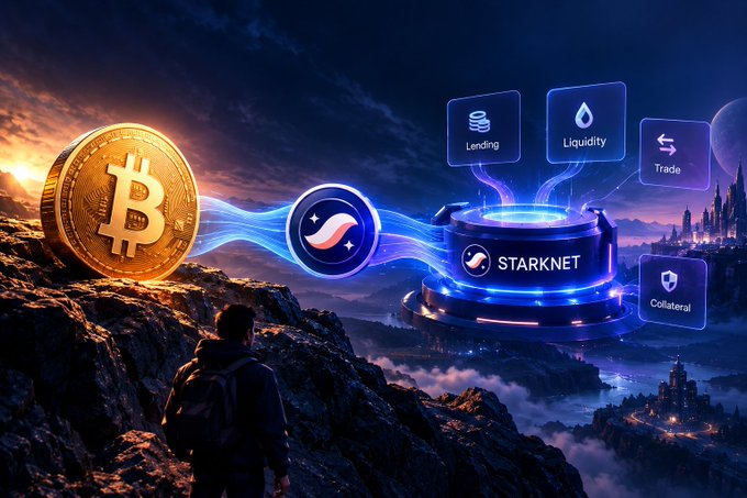 A digital artwork showing a person standing on a cliff facing a glowing Bitcoin and a Starknet (STRK) logo connected by blue energy waves, with floating icons for Lending, Liquidity, Trade, and Collateral.