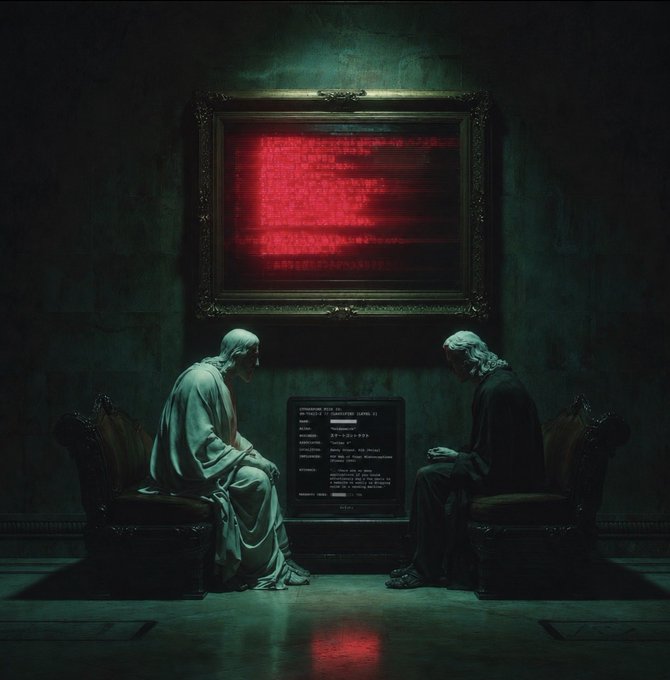 A dark, moody scene depicts two figures in robes sitting on ornate chairs facing each other beneath a large framed screen displaying red glitchy code, with a smaller terminal screen glowing between them.