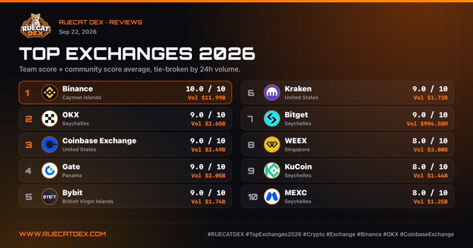 An infographic titled 'TOP EXCHANGES 2026' from 'RUECAT DEX REVIEWS' lists cryptocurrency platforms including Binance, OKX, Coinbase Exchange, Gate, and Bybit with their scores and 24h volumes.