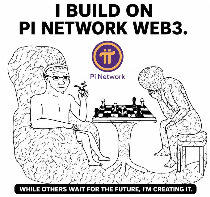 The image shows an illustration of a relaxed builder smoking while playing chess with "The Thinker" sculpture, overlaid with Pi Network's logo and the text "I BUILD ON PI NETWORK WEB3" and "WHILE OTHERS WAIT FOR THE FUTURE, I'M CREATING IT."

The chess match and contemplative pose reinforce the post's message about Pi Network Web3 builders being proactive creators of real utility through apps and ideas, rather than passive observers waiting for the ecosystem to develop.