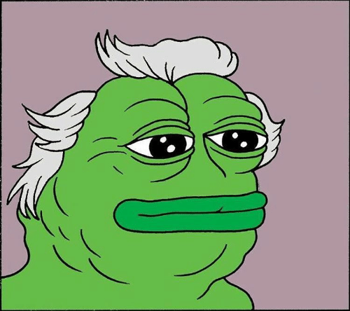 iced green frog with white hair and a sad expression, set against a purple background.