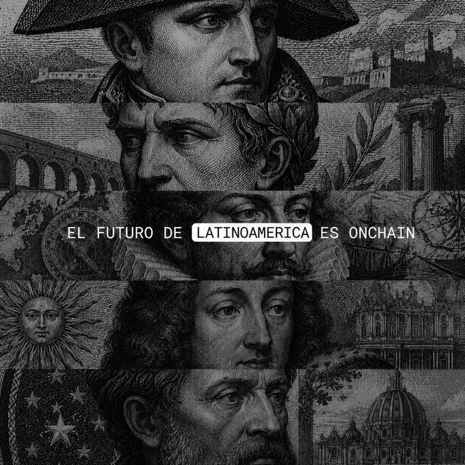 A black and white collage of historical figures' faces and classical architecture, with the Spanish text "EL FUTURO DE LATINOAMERICA ES ONCHAIN" displayed across the center.