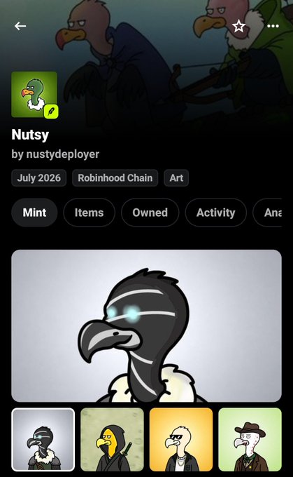 Mobile app screen for the NFT collection 'Nutsy by nustydeployer' on Robinhood Chain (July 2026), showing a dark-feathered vulture-like character with glowing eyes and four trait thumbnails below.