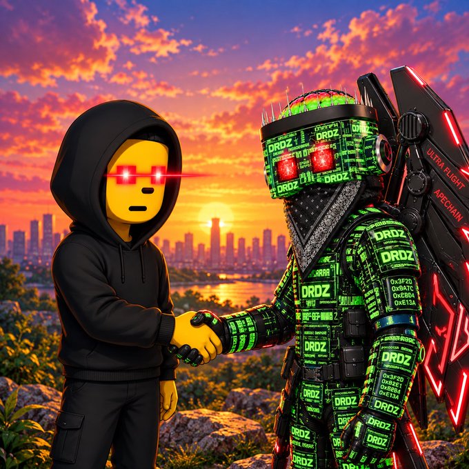 A digital artwork showing a hooded figure with glowing red eyes shaking hands with a green-armored cyborg labeled 'DRDZ' against a sunset cityscape.
