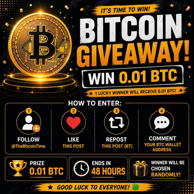 This promotional graphic for @TheBitcoinTime announces a "BITCOIN GIVEAWAY!" offering 0.01 BTC to one randomly chosen winner, with entry instructions to follow the account, like, repost, and comment with a BTC wallet address within 48 hours. The image visually reinforces the social media post's giveaway details through a gold Bitcoin coin graphic and four numbered steps (Follow, Like, Repost, Comment).