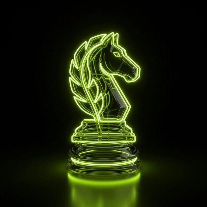 A 3D rendered chess knight piece illuminated with bright green neon lighting against a dark background.