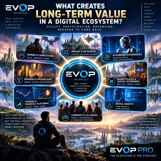 A promotional infographic for 'EVOP PRO' titled 'WHAT CREATES LONG-TERM VALUE IN A DIGITAL ECOSYSTEM?', showing a central token logo surrounded by components like Gaming & Competitions, Worlds & Metaverse, AI-Powered Experiences, Rewards & Progression, Marketplaces & Digital Economies, Trading & Financial Platforms, Community & Alliances, and Digital Identity.