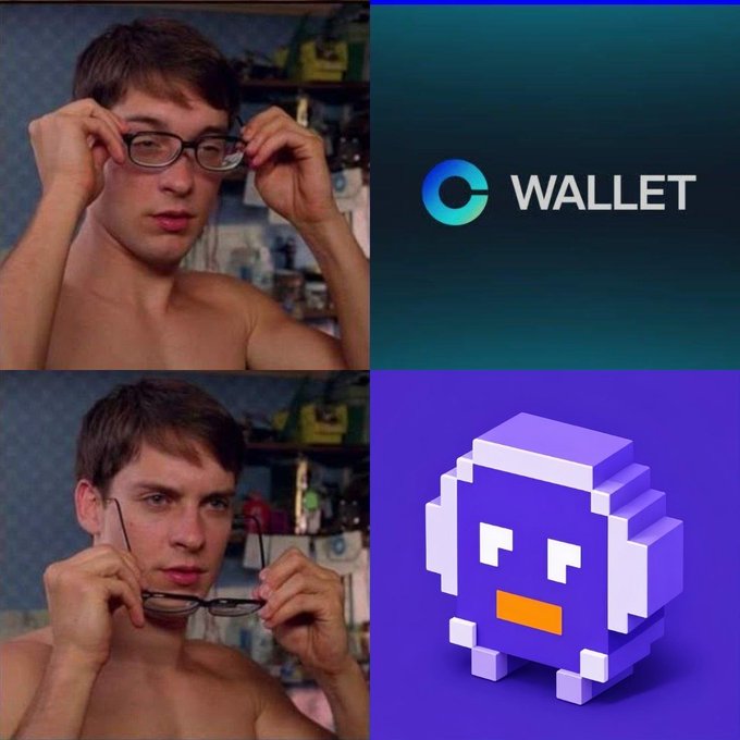 A 4-panel comparison meme using the 'guy putting on glasses' template to compare crypto wallets: the top row shows the blurry un-informed version next to Coinbase Wallet, while the bottom row shows the clear 'smart' version next to a purple pixelated crypto wallet character.
