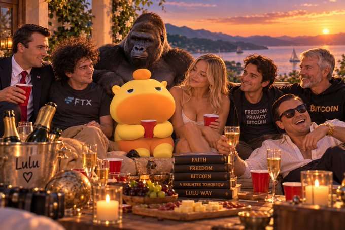 A vibrant AI-generated image depicts a gathering at sunset with people, a gorilla, and a mascot, featuring FTX and Bitcoin logos alongside text like 'FREEDOM PRIVACY BITCOIN' and 'A BRIGHTER TOMORROW LULU WAY'.