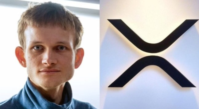 Vitalik Buterin, co-founder of Ethereum, pictured alongside the XRP cryptocurrency logo. The image accompanies warnings about quantum computing threats to major crypto networks including Bitcoin, Ethereum, and XRP by 2028.