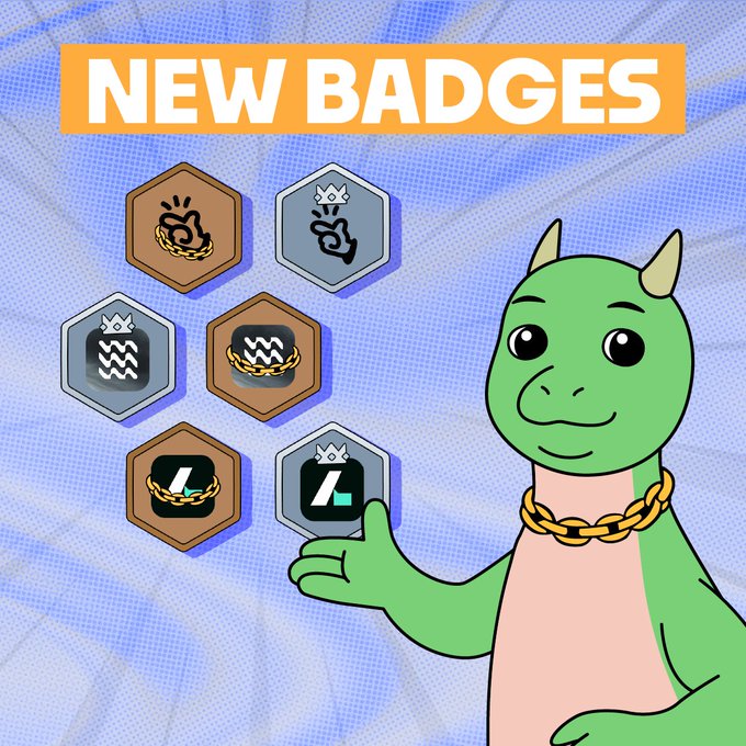 The image features a cartoon green dragon with a pink collar holding up six badges against a blue background. The text "New badges" is written above the badges, indicating that new badges have been added or are being displayed.
