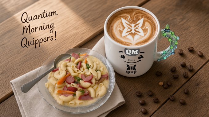 A promotional image titled 'Quantum Morning Quippers!' showing a cup of latte art coffee with a quantum-themed mug design alongside a bowl of macaroni and vegetables on a wooden table.