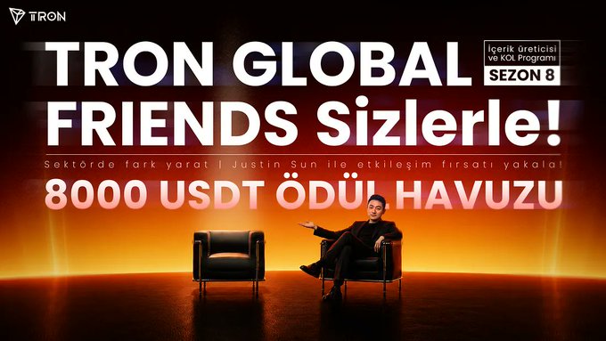 A promotional banner for 'TRON GLOBAL FRIENDS Sizlerle! SEZON 8' in Turkish, advertising an 8000 USDT prize pool for KOL creators, featuring Justin Sun seated in a black chair.