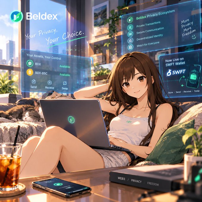 An anime-style promotional graphic for 'Beldex' showing a girl using a laptop, with floating holographic panels displaying text like 'Your Privacy, Your Choice,' 'BDX,' and 'Now Live on SWFT Wallet.'
