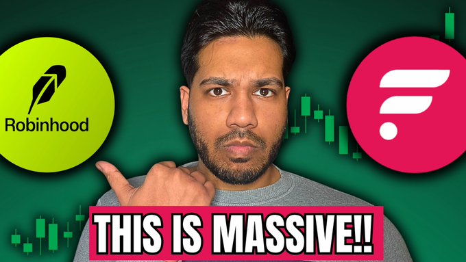 The image features a man with a beard wearing a gray shirt, who appears to be making a funny face or gesture as he looks at the camera. The background of the image has green and pink colors, which are used to represent Robinhood and Flare, respectively. There is also text in the image that reads "This is massive!" This suggests that there might be some sort of comparison being made between these two companies, possibly related to their stock prices or market performance.