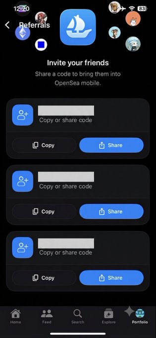 The image shows the OpenSea mobile app's "Referrals" page inviting users to share codes to bring friends into the app. It relates to the post by demonstrating the very invite code feature the user is generously offering to share with others.