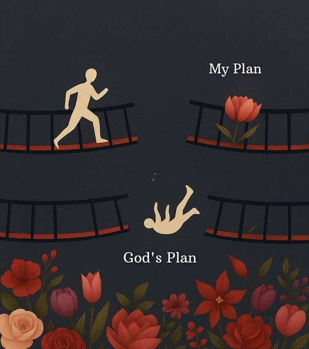 The image shows a symbolic illustration contrasting "My Plan" — a person running across a bridge — with "God's Plan" — the same person falling off the bridge into a lush bed of flowers below, illustrating the post's message that trusting God's plan leads to better outcomes than relying on one's own efforts in Web 3 and life.