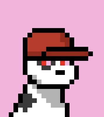 Pixel art of a character with red hair, red eyes, and a red cap wearing a white outfit against a pink background.