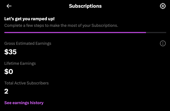 The image shows a Twitch Subscriptions dashboard displaying $35 in Gross Estimated Earnings, $0 Lifetime Earnings, and 2 Total Active Subscribers. The screenshot supports the post's call for more subscribers, as the creator has only 2 active subscribers and needs 15 more to reach cashout.