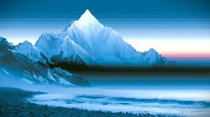 A serene digital landscape depicting a snow-capped mountain rising above a misty ocean at twilight.