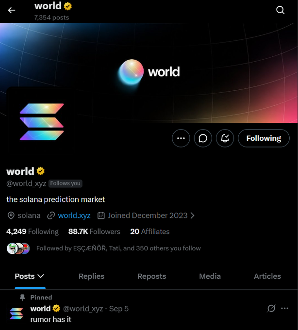 A screenshot of the "world" profile on X (formerly Twitter) showing @world_xyz with 88.7K followers, described as "the solana prediction market," joined December 2023, with a pinned post reading "rumor has it." The image relates to the post celebrating the anticipated 319M airdrop from World.xyz while playfully requesting affiliate status to earn the "20 Affiliates" badge displayed on the profile.