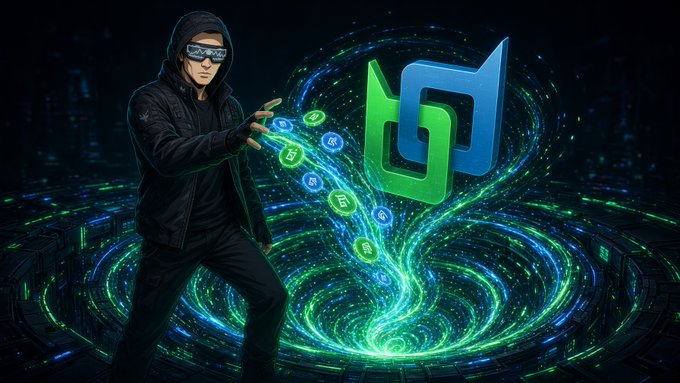 Digital artwork depicting a hooded figure in sunglasses manipulating glowing green and blue cryptocurrency coins amid a swirling energy vortex, with the Beldex BD logo prominently displayed.