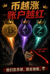 A meme-style image shows three crowned medals labeled "Bitcoin" (BTC), "Ethereum" (ETH), and "Zcash" (ZEC) hovering above a dark figure holding a "Short Position" sign amid flames, with Chinese text reading "币越涨 账户越红" (the more coins rise, the more accounts turn red) and "他们在月球，我在地狱" (they're on the moon, I'm in hell), alongside the tagline "Money Never Sleeps." This captures the trader's lament from the post—while BTC soars to $82,000, ETH climbs to $2,700, and ZEC hits $1,537, the shorts are getting liquidated to hell, making everyone green except those betting against the "Big Three Kings."