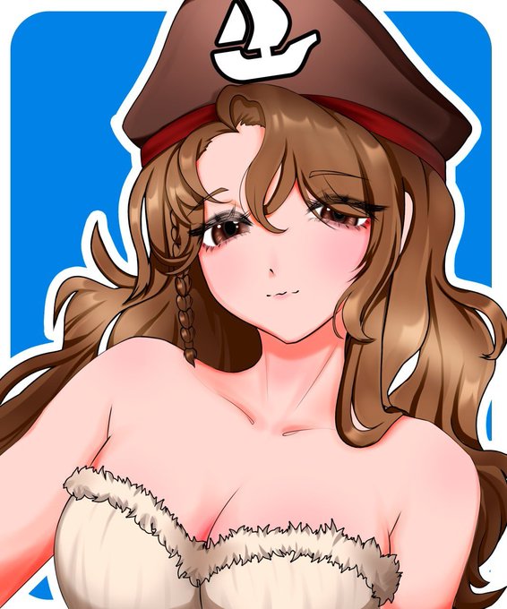 An anime-style illustration of a woman with long wavy brown hair wearing a brown pirate hat and a fuzzy white top, set against a blue background.