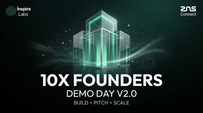 A dark green promotional banner for '10X FOUNDERS DEMO DAY V2.0' with the tagline 'BUILD • PITCH • SCALE', featuring glowing glass-like towers, and logos for 'Inspira Labs' and 'ZNS Connect'.