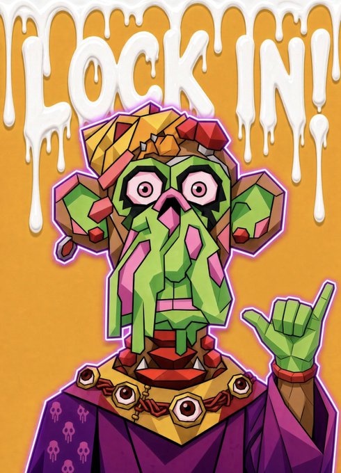 The image shows a stylized, low-poly cartoon character with a green tentacle face, crystalline headdress, and purple robes, making a hand gesture with "LOCK IN!" dripping in white at the top, referencing a Bored Ape Yacht Club NFT from the @BoredApeYC collection. The "LOCK IN" text suggests a call to focus or commit, likely tied to the cryptic "HMM" caption posted alongside this NFT profile picture.