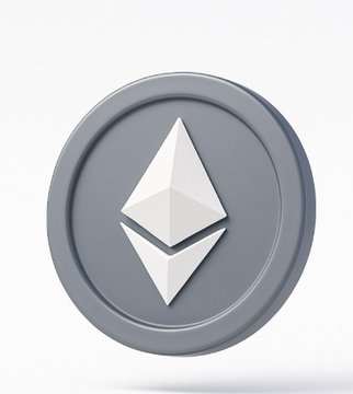 A 3D-rendered circular coin or token featuring the Ethereum logo (a diamond-shaped octahedron) embossed on a gray disc represents ETH, aligning with Jiang Zhuoer's declaration to use all remaining funds to buy Ethereum amid his bullish outlook that it will outperform Bitcoin.