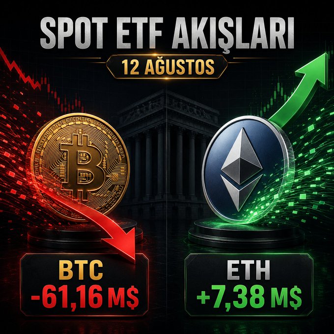 The image displays a financial graphic titled "SPOT ETF AKIŞLARI" (Spot ETF Flows) dated "12 AĞUSTOS" (12 August), featuring Bitcoin (BTC) and Ethereum (ETH) coins against a backdrop of stock charts and a courthouse-like building. It highlights the divergence mentioned in the post, with BTC showing a net outflow of "-61,16 M$" in red alongside a downward arrow, while ETH shows a net inflow of "+7,38 M$" in green with an upward arrow.