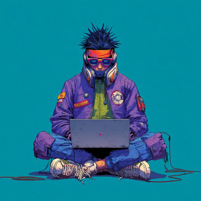 A stylized illustration of a person with spiky blue hair, wearing sunglasses and large headphones, sitting cross-legged with a laptop against a teal background. The jacket features a patch reading "NEGUN," and cables trail from the headphones across the floor.