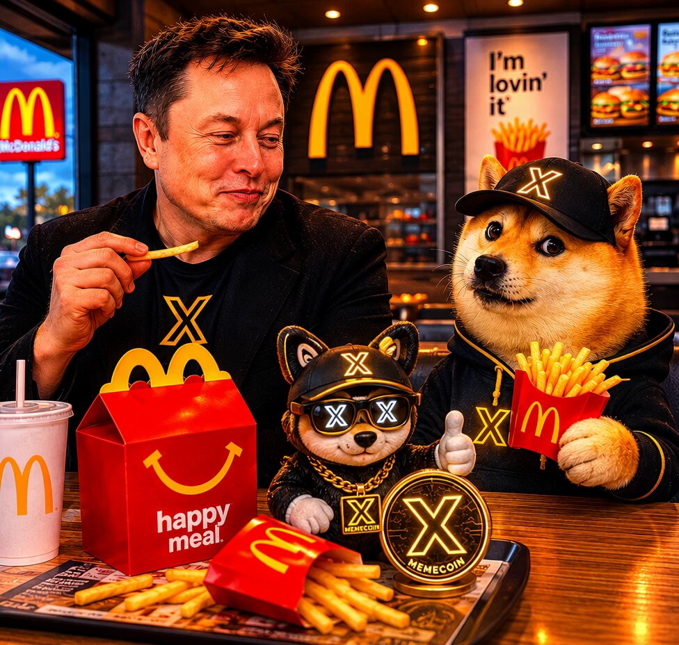 The image features two men sitting at a table with a McDonald's Happy Meal, accompanied by a dog wearing a hat that says "X". The man on the left side of the table has his mouth full of food, while the other man is holding up an X Memcoin toy and giving a thumbs-up. A sign in the background reads "I'm loving it", which could be related to the content of the post or simply part of the overall scene. The image seems to be promoting the meme about the X Memcoin token, as well as showcasing the Happy Meal with the dog wearing a hat and the men enjoying their meal together.