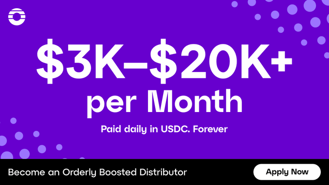 The image shows an advertisement for a product or service that offers a 3k-20k per month payment plan, with a focus on USDC payments. The text on the banner reads "Your network is worth more than you think. Bring entrepreneurs, influencers, and trading communities to build financial applications on Orderly. Earn a cut of every $ they generate, paid out daily, forever." This advertisement targets people who are interested in investing or building their own online businesses, as it promotes the idea that their networks can be leveraged for financial gains through USDC payments.