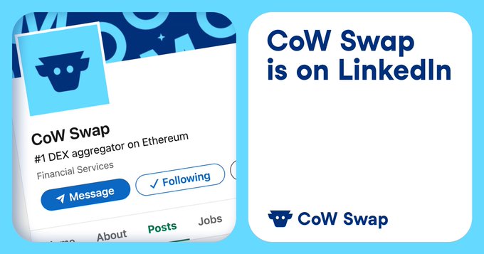 The image features a social media post about Cow Swap, an Ethereum-based cryptocurrency wallet. The post includes two squares of text that read "Cow swap is on linkedin" and "Follow us for everything MEV protection, intent-based trading, and DeFi done right". These descriptions provide information about the content of the post and its relevance to the LinkedIn feed.