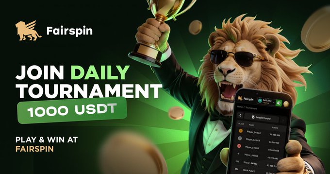 Fairspin advertisement showing a lion in a suit holding a trophy and a smartphone displaying a tournament leaderboard, with text 'JOIN DAILY TOURNAMENT 1000 USDT'.