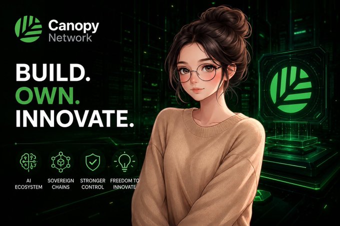An animated woman with glasses stands beside promotional text for 'Canopy Network' reading 'BUILD. OWN. INNOVATE.' with feature icons for AI Ecosystem, Sovereign Chains, Stronger Control, and Freedom to Innovate.