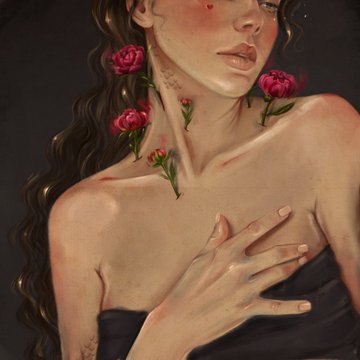 A close-up painting shows a woman with long dark hair and roses blooming from her skin and hair, her hand gently resting over her chest.