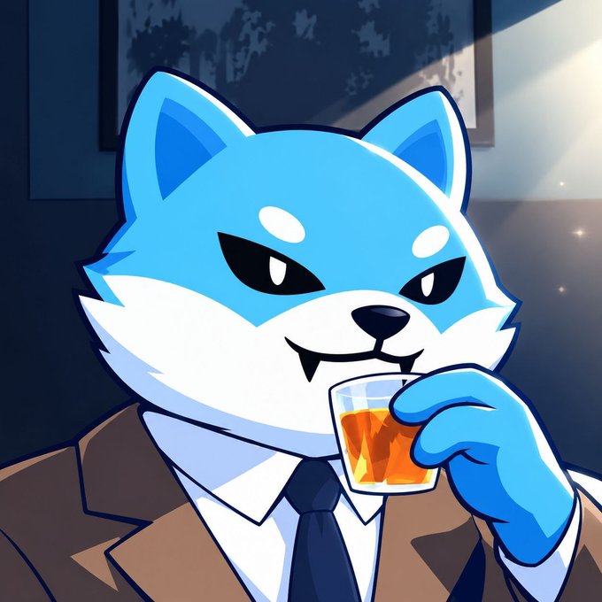 An illustrated blue fox character wearing a brown suit jacket and black tie, drinking from a glass of amber liquid with fangs showing.