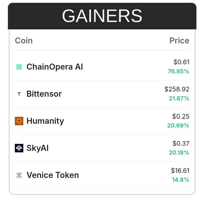 The image displays a list of cryptocurrency gains, along with their respective prices. The text suggests that these gainers are among some of the top crypto gains in the last 24 hours. The prices include Bitcoin at $0.39, Chainalysis AI at $0.38, Bitenson at $0.58, Humanity at $0.6, and SkyAI at $0.74. These price points indicate that the users have made a profit from these coins, showcasing their gains in relation to the posted values of their investments.