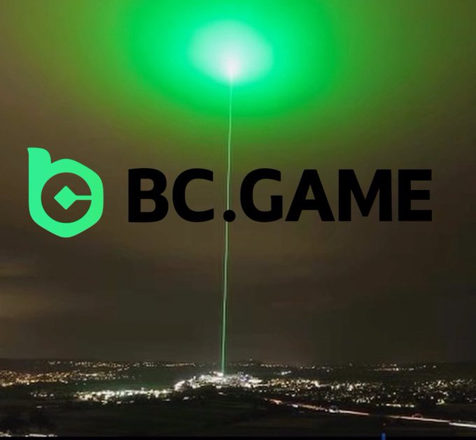 The BC.GAME logo (green stylized 'b' icon) overlaid on a nighttime photo of a city with a dramatic green laser beam shooting into the sky.