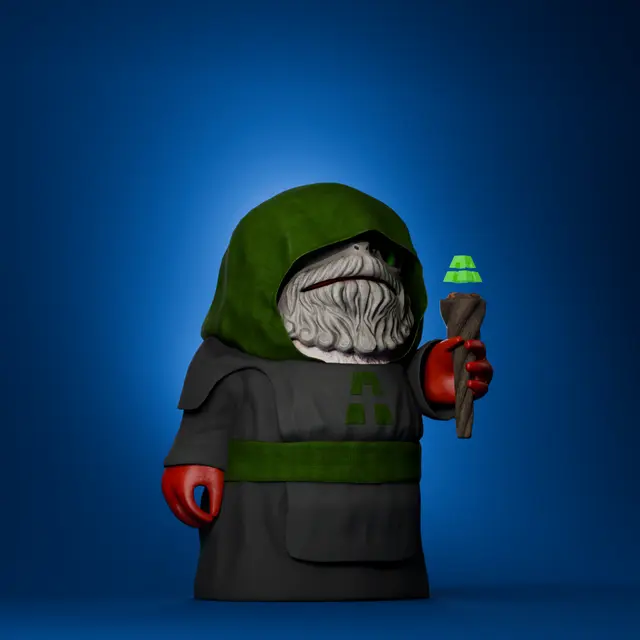 A 3D rendered character of a robed, bearded figure (resembling a wizard or druid) with a green hood and dark robe with green accents, red hands, and an eye patch, holding a staff topped with a green mushroom against a blue gradient background.