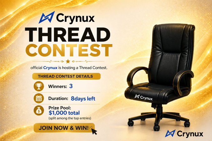 An advertisement for a 'Crynux THREAD CONTEST' displays a black office chair with gold accents, listing details like 'Winners: 3', 'Duration: 8days left', and a 'Prize Pool: $1,000 total' on a gold sparkling background.